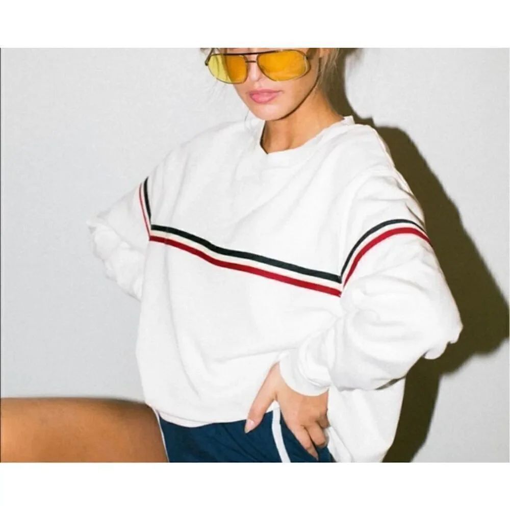 Brandy Melville white sweatshirt with tricolor stripe going across the chest, re